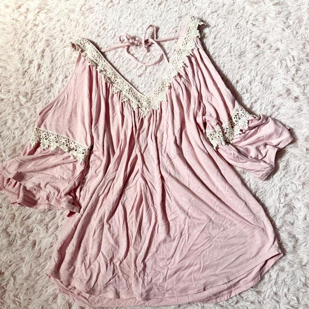 Flowy Whimsical Coquette Fairy Cold Shoulder Deep VNeck Lace Top Womens M Boho